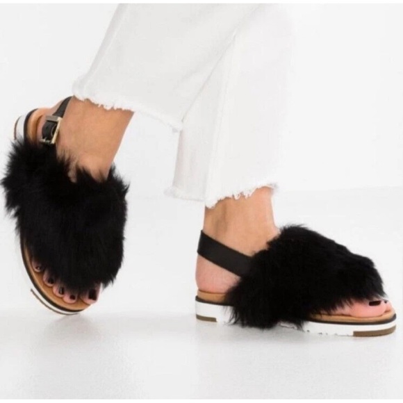 UGG Holly Sheepskin Fluffy Black Casual Fashion Strappy Sandal Womens Sz 7- New - Picture 3 of 16